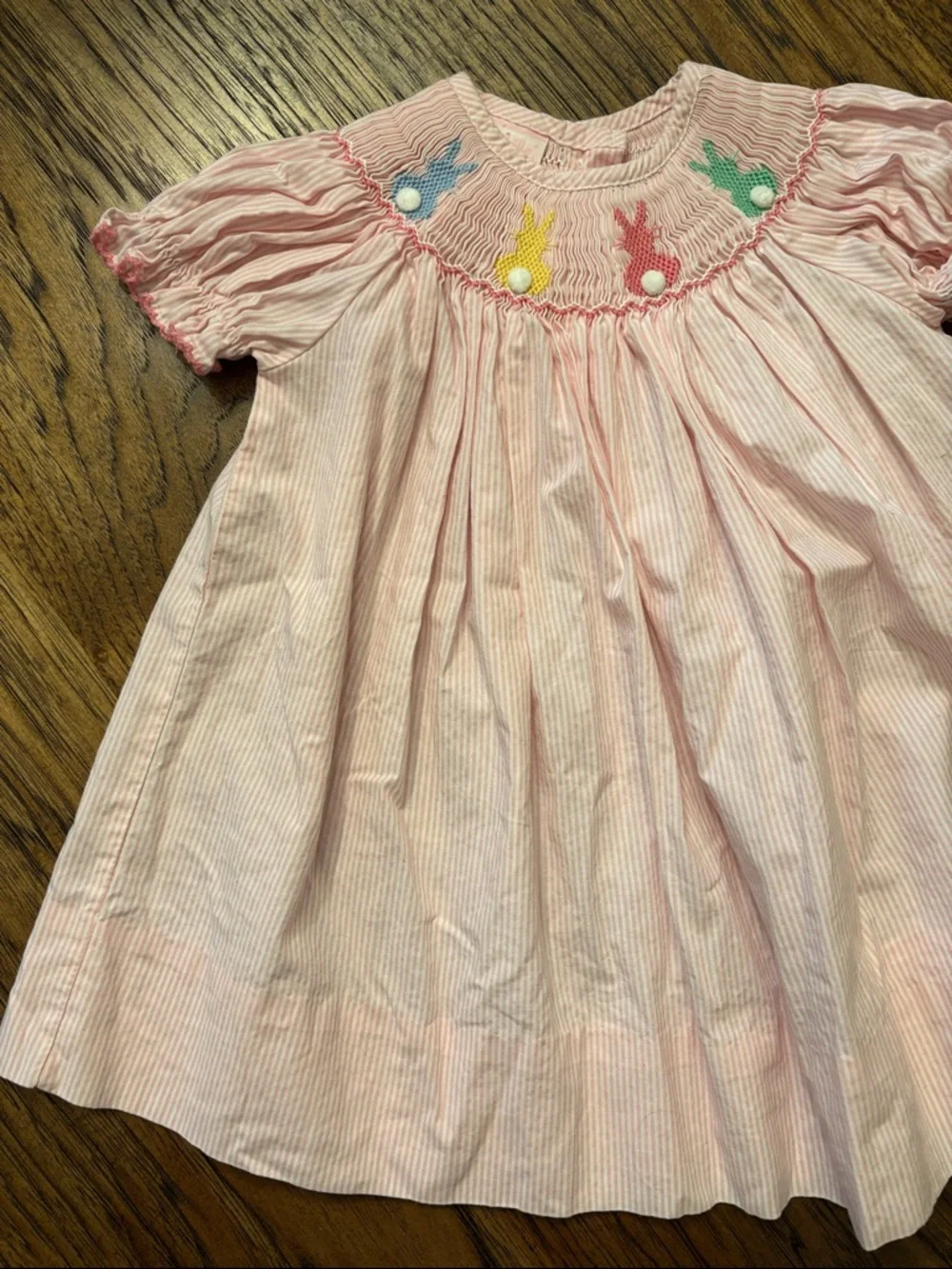 Petit Bébé Baby Girl 9M Pink Stripe Hand Smocked Bunny Dress NWOT Easter Cotton